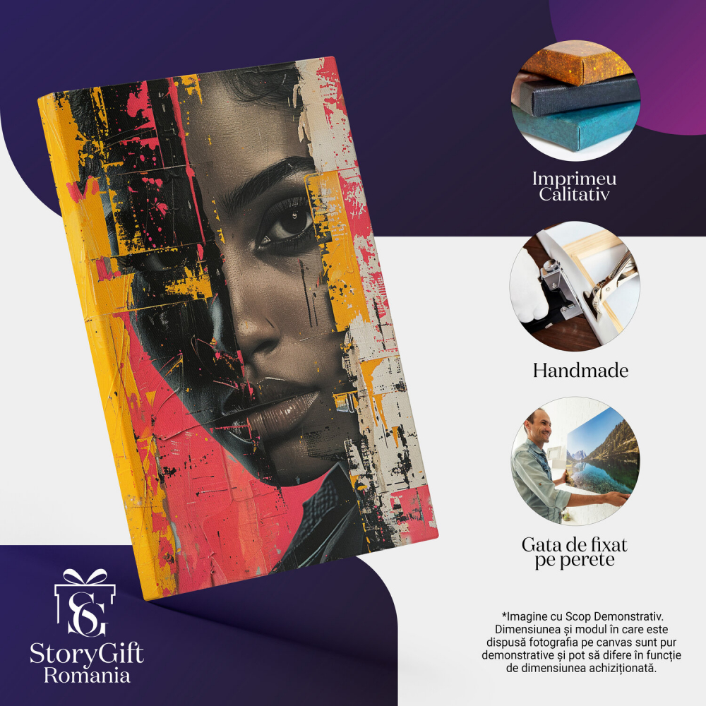 Tablou Canvas - Profilul unei Fete Stropit cu Dare de Vopsea, Nuante de Negru, Roz și Galben, Marime 40x25CM [2]