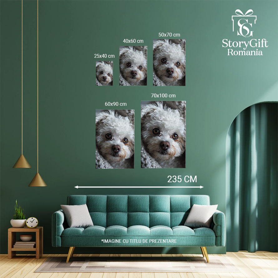 Tablou Canvas  Pufosul Catelus Alb cu Ochii Caprui Invelit in Paturica lui Groasa Gri, Pretty Puppy White , Pictura Digitala 40x25CM [4]