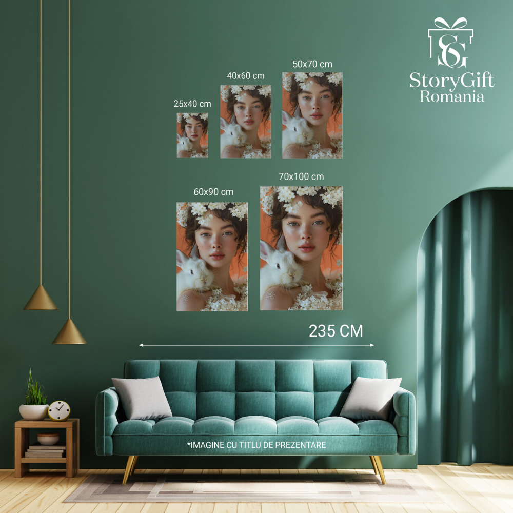 Tablou Canvas Fata cu Ochi Luminoși și Iepuraș în Floare Albă | Pictură Digitală, Marime 40x25CM [4]