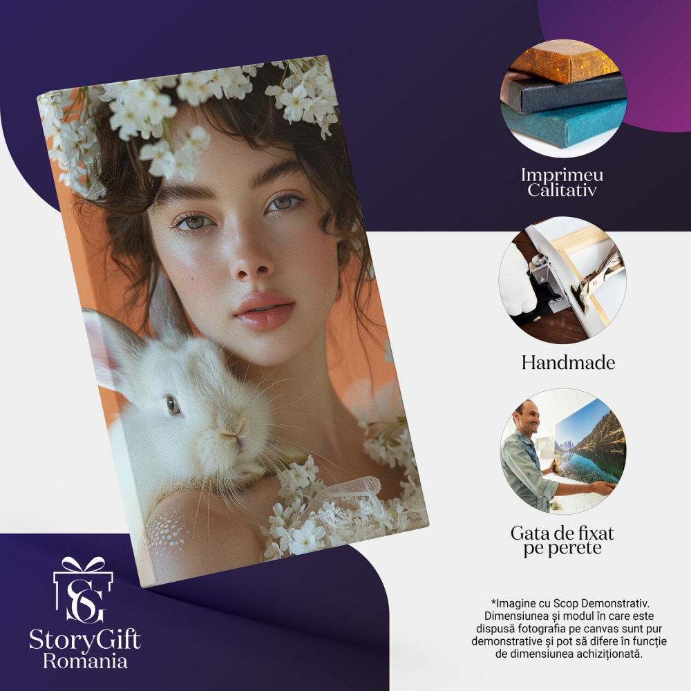 Tablou Canvas Fata cu Ochi Luminoși și Iepuraș în Floare Albă | Pictură Digitală, Marime 40x25CM [2]