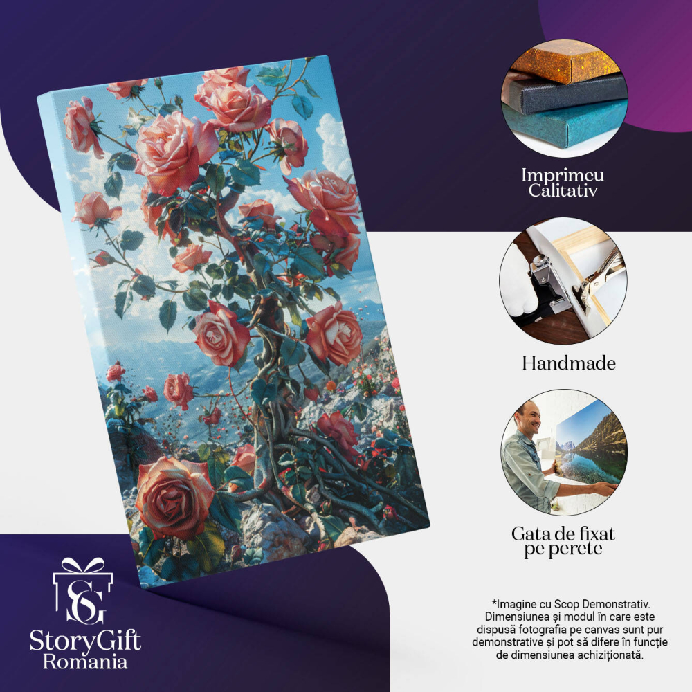 Tablou Canvas  Ramuri de Trandafiri care au Rasarit dintre Stancile de pe un Munte Pustiu, Trnadafiri Roz , Pictura Digitala 40x25CM [3]