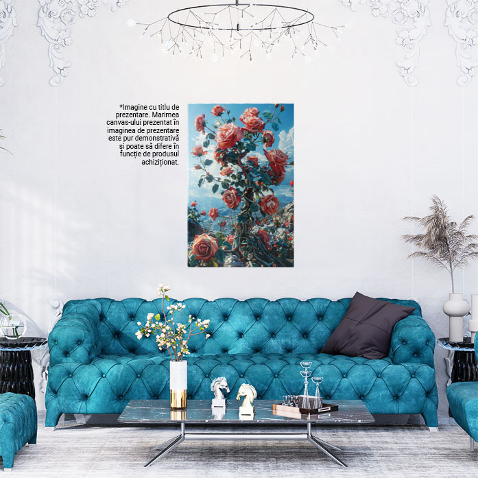 Tablou Canvas  Ramuri de Trandafiri care au Rasarit dintre Stancile de pe un Munte Pustiu, Trnadafiri Roz , Pictura Digitala 40x25CM [2]