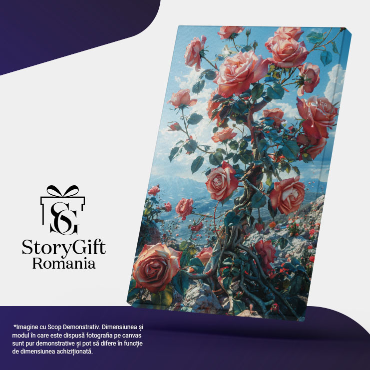 Tablou Canvas  Ramuri de Trandafiri care au Rasarit dintre Stancile de pe un Munte Pustiu, Trnadafiri Roz , Pictura Digitala 40x25CM [5]