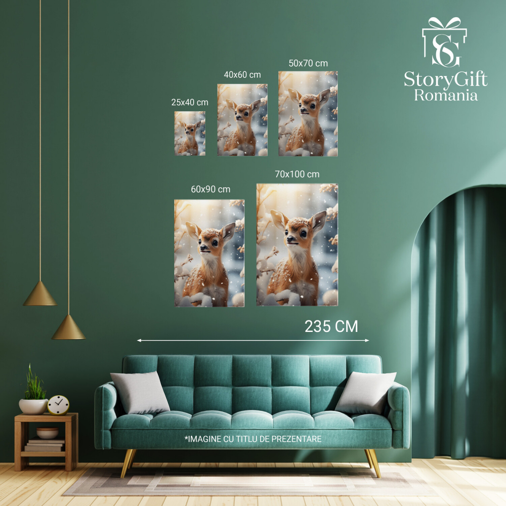 Pui de Căprioară Drăguț Contemplând Ramurile Înzăpezite ale unui Copac - Pictură Digitală, Marime 40x25CM [3]