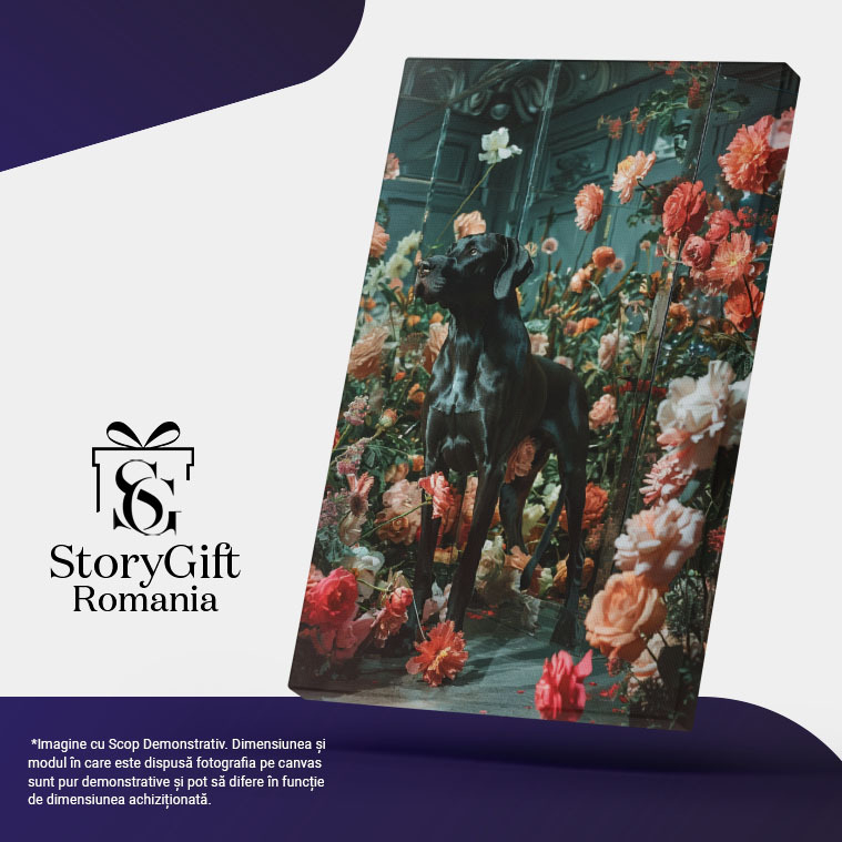 Tablou Canvas:  Rasă de Câine, Brac Negru în Cadru cu Flori Multicolore- Animale de Companie Pictura Digitala 40x25CM [5]