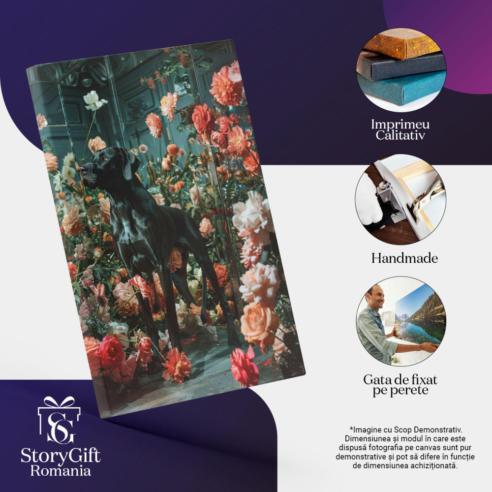 Tablou Canvas:  Rasă de Câine, Brac Negru în Cadru cu Flori Multicolore- Animale de Companie Pictura Digitala 40x25CM [3]