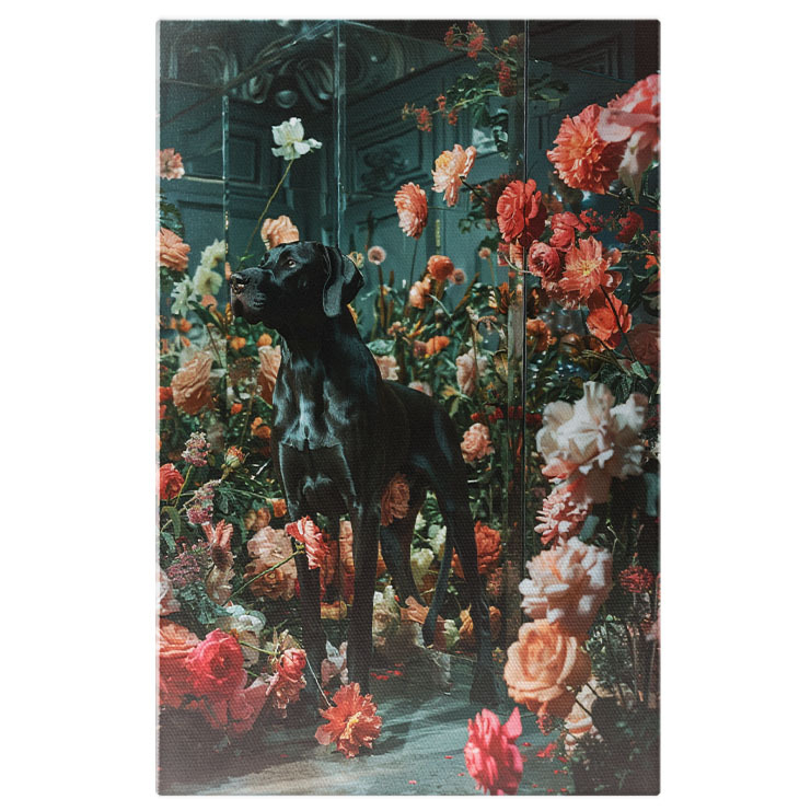 Tablou Canvas:  Rasă de Câine, Brac Negru în Cadru cu Flori Multicolore- Animale de Companie Pictura Digitala 40x25CM [1]