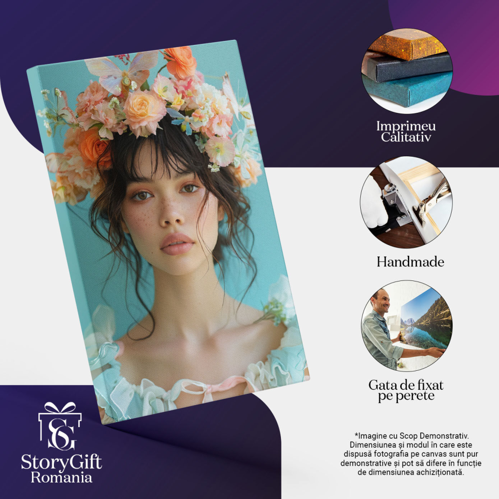 Tablou Canvas Răsăritul Emoțiilor în Personajul Fetei cu Flori pe Cap Naturalețe cu Pistrui , Pictura Digitala 40x25CM [3]