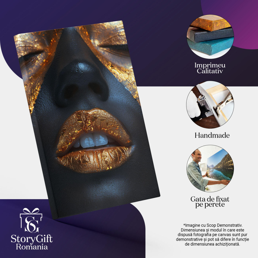 Tablou Canvas Reflexiile Seducției Ochi Închiși și Buze Aurii Efect Strălucitor Glam , Pictura Digitala 40x25CM [3]
