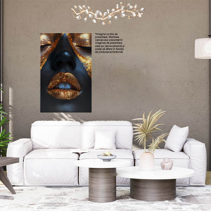 Tablou Canvas Reflexiile Seducției Ochi Închiși și Buze Aurii Efect Strălucitor Glam , Pictura Digitala 40x25CM [2]
