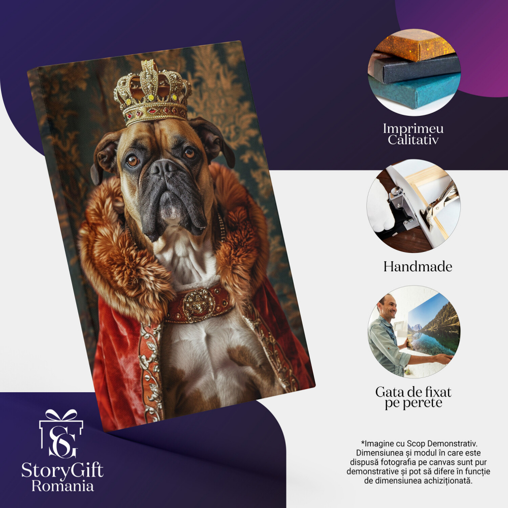 Tablou Canvas Boxer Francez Regal în Straie de Fanfaron cu Coroană, Marime 100x70CM [2]