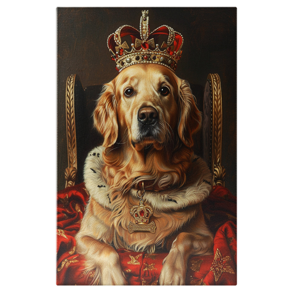 Tablou Canvas Regalitate cu Lăbuțe - Câine Golden Retriever Tolănit pe Capa Roșie, Marime 40x25CM [1]
