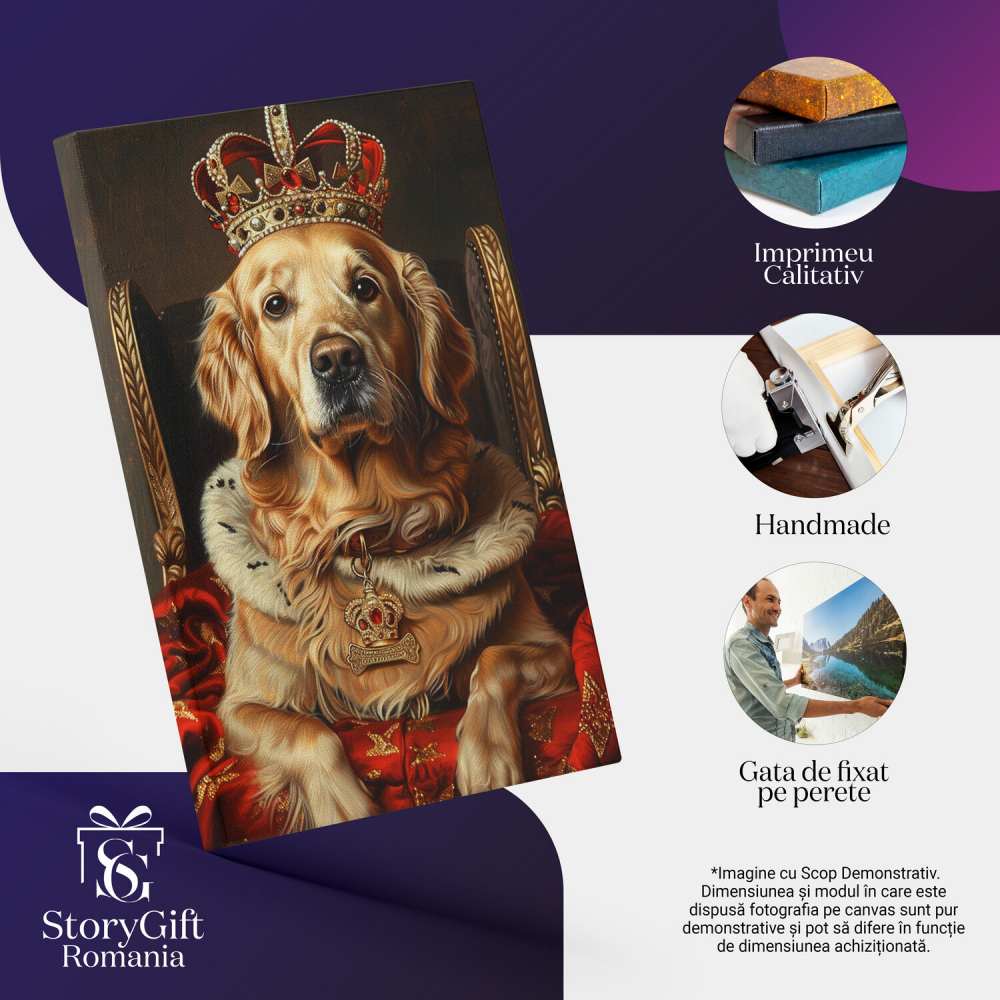 Tablou Canvas Regalitate cu Lăbuțe - Câine Golden Retriever Tolănit pe Capa Roșie, Marime 40x25CM [2]