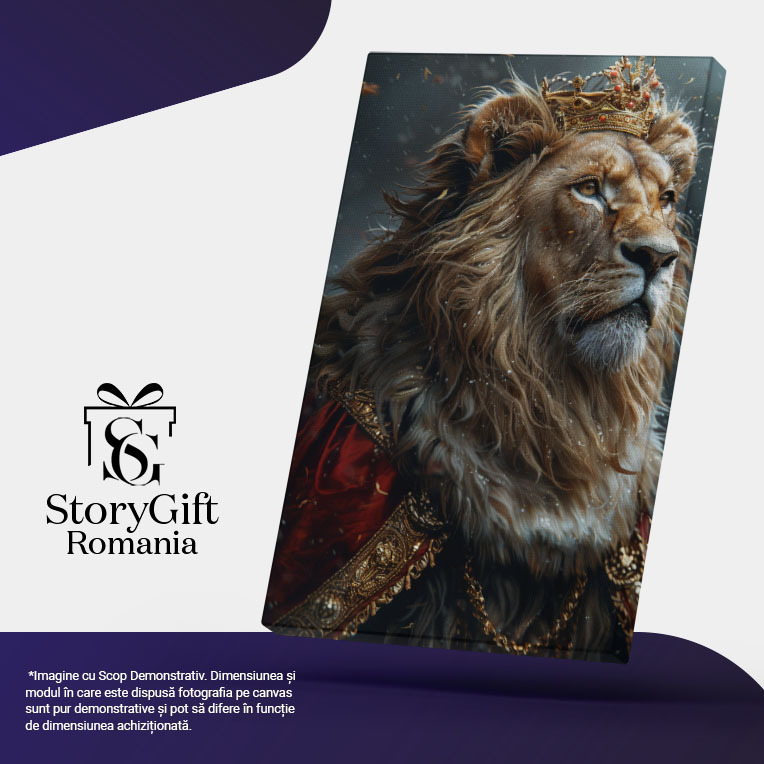 Tablou Canvas  Regele Incoronat Leu cu Manta Rosie cu Margini Aurii si Coroana pe Cap cu o Coama Mare , Pictura Digitala 40x25CM [5]