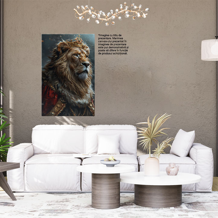 Tablou Canvas  Regele Incoronat Leu cu Manta Rosie cu Margini Aurii si Coroana pe Cap cu o Coama Mare , Pictura Digitala 40x25CM [2]