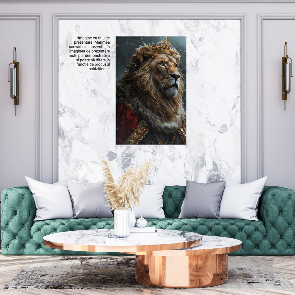 Tablou Canvas Regele Leu Încununat cu Manta Roșie și Coroană | Pictură Digitală, Marime 40x25CM [3]