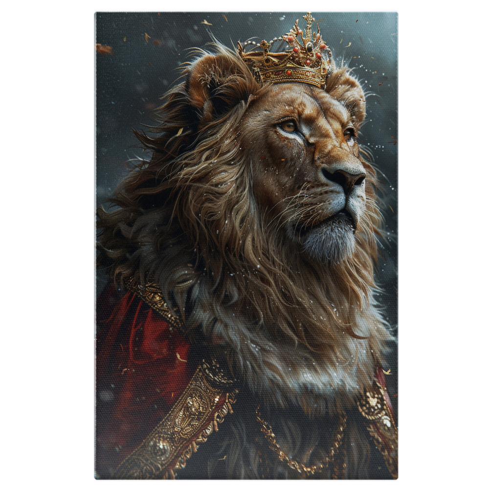 Tablou Canvas Regele Leu Încununat cu Manta Roșie și Coroană | Pictură Digitală, Marime 40x25CM [1]