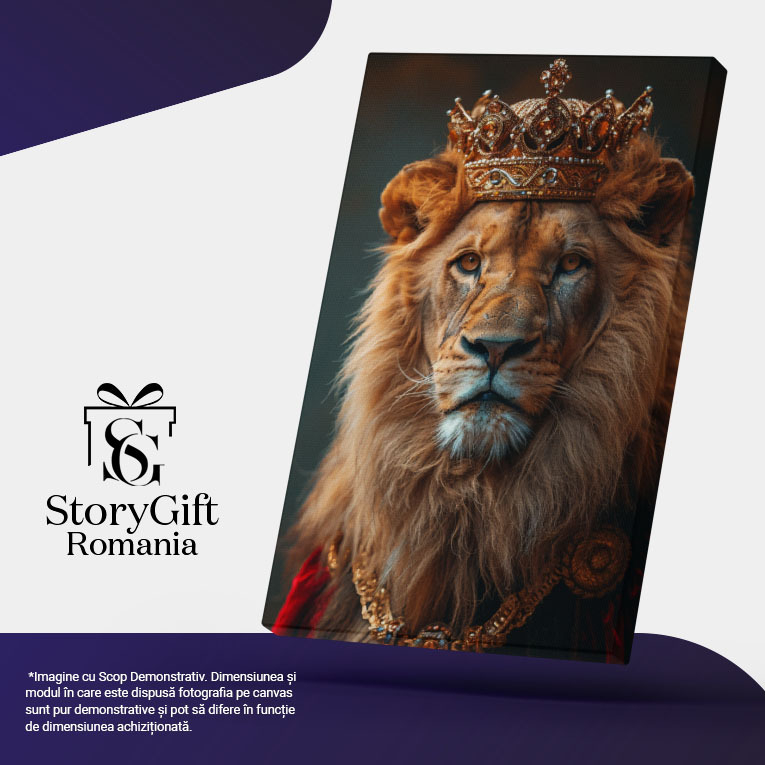 Tablou Canvas Regele Savanei Leul Veghind Peste Teritoriul Său Întins în Mantou Regal și Coroană , Pictura Digitala 40x25CM [5]