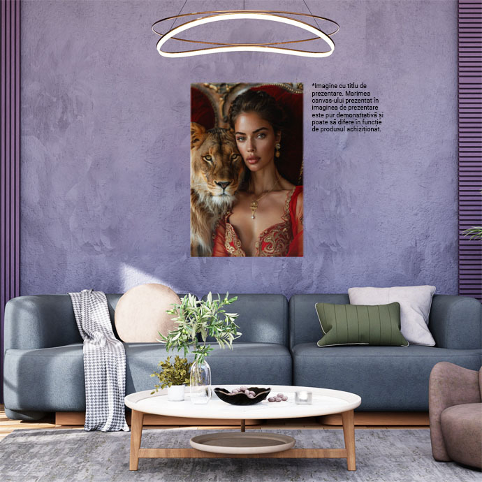 Tablou Canvas  Regina Frumusetii cu Parul Saten si Cercei cu Lant in Rochie Decoltata Rosie pe Tron cu Leoaica , Pictura Digitala 40x25CM [2]