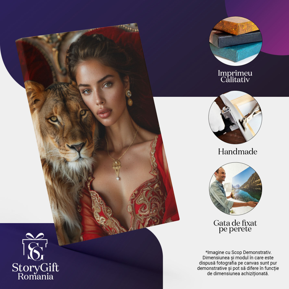 Tablou Canvas  Regina Frumusetii cu Parul Saten si Cercei cu Lant in Rochie Decoltata Rosie pe Tron cu Leoaica , Pictura Digitala 40x25CM [3]