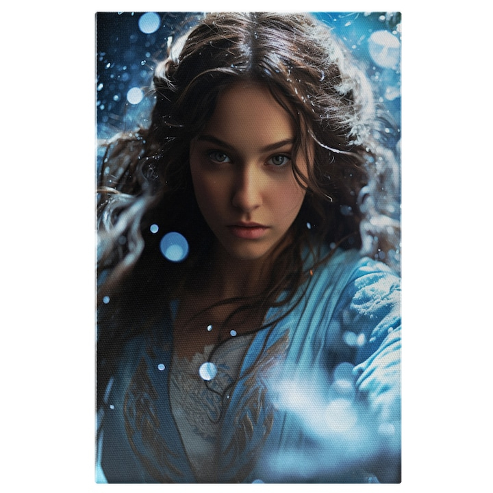 Tablou Canvas:  Regina Iernii Figura Feminina printre Fulgi de Zapada in Rochie Albastra si Privire Inghetata Pictura Digitala 40x25CM [1]
