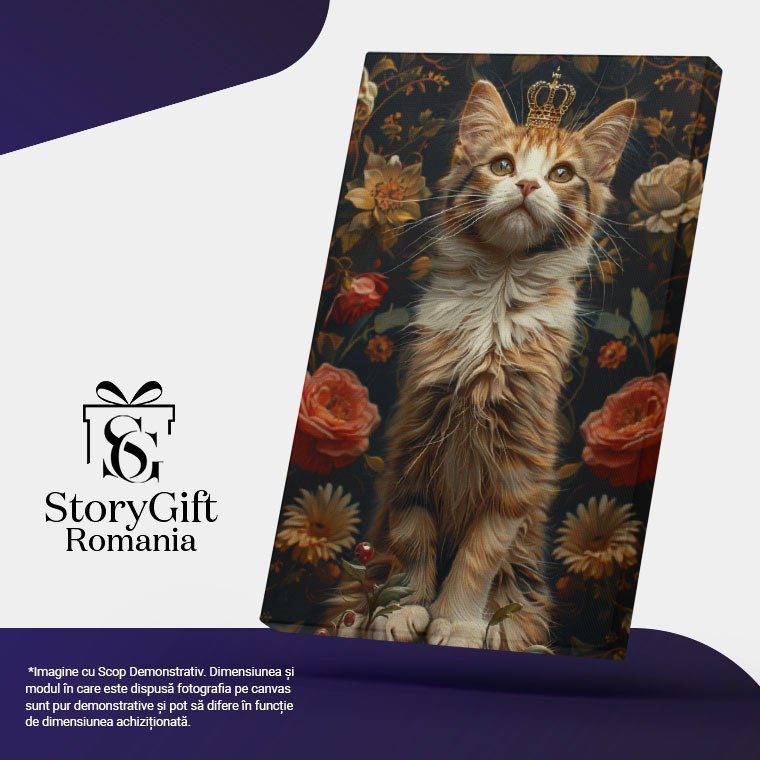 Tablou Canvas  Regina Pisica cu Coroana pe Cap Incercuita de Flori cu Ochii Atenti si Blana Pufoasa Alb-Maronie , Pictura Digitala 40x25CM [5]