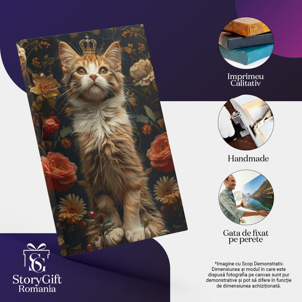Tablou Canvas  Regina Pisica cu Coroana pe Cap Incercuita de Flori cu Ochii Atenti si Blana Pufoasa Alb-Maronie , Pictura Digitala 40x25CM [3]