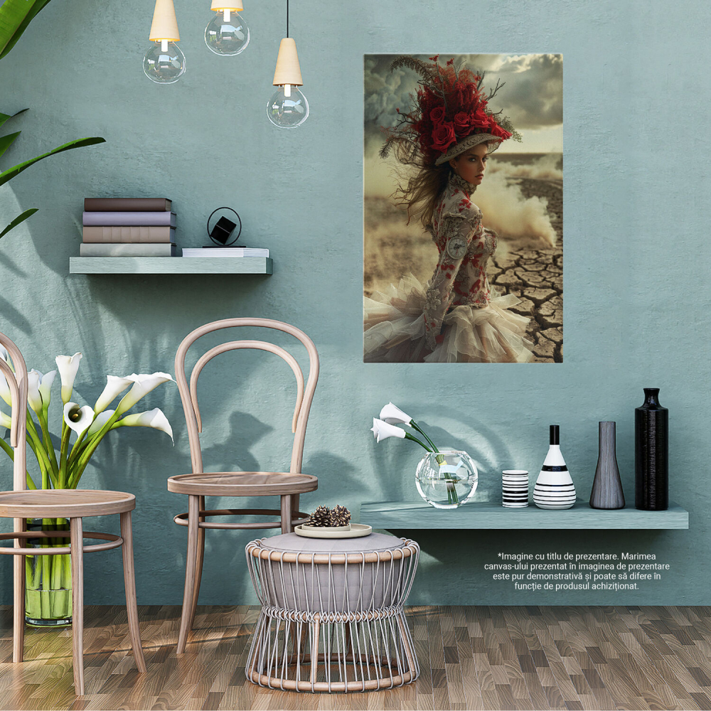 Regina Valurilor de Piatră - Pictură Digitală cu Femeie Îmbrăcată Opulent cu Pălărie cu Trandafiri, Marime 40x25CM [3]