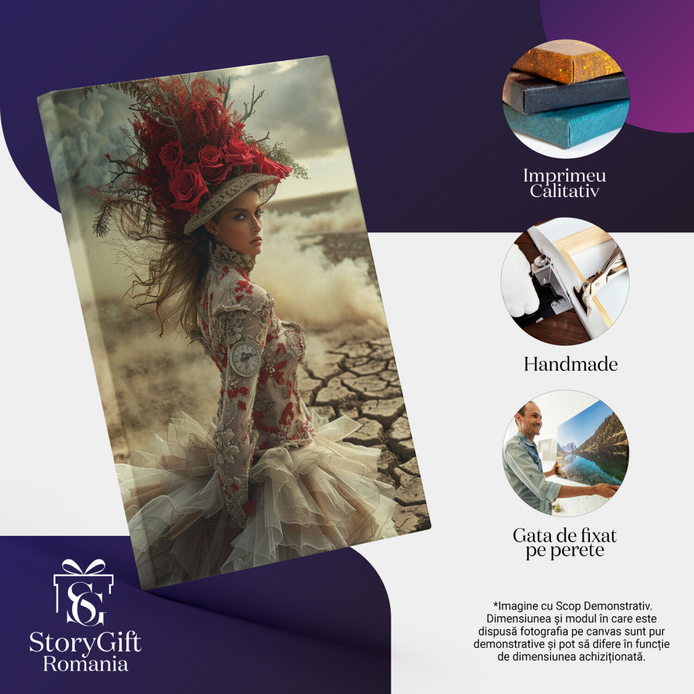 Regina Valurilor de Piatră - Pictură Digitală cu Femeie Îmbrăcată Opulent cu Pălărie cu Trandafiri, Marime 40x25CM [2]