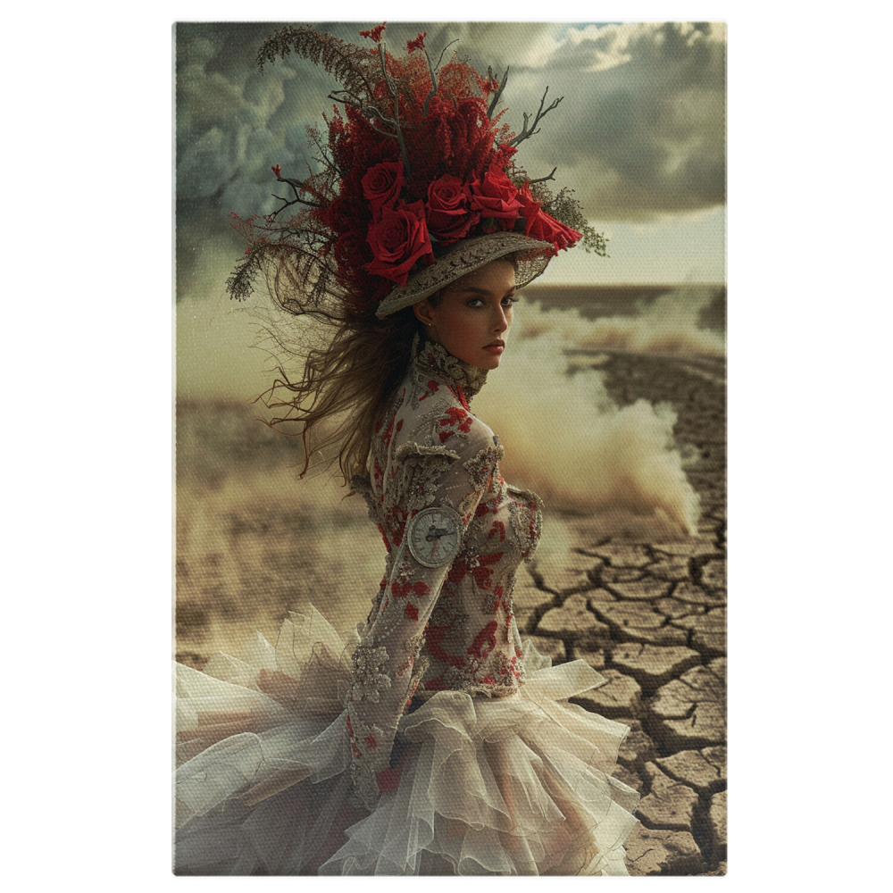 Regina Valurilor de Piatră - Pictură Digitală cu Femeie Îmbrăcată Opulent cu Pălărie cu Trandafiri, Marime 40x25CM [1]