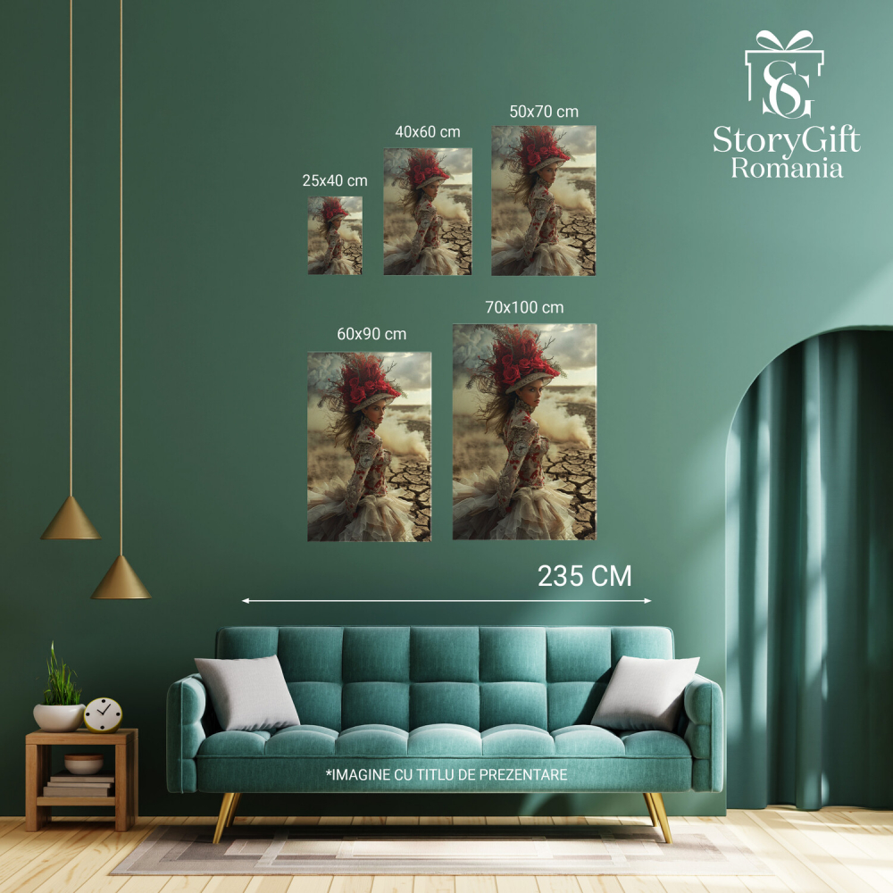 Regina Valurilor de Piatră - Pictură Digitală cu Femeie Îmbrăcată Opulent cu Pălărie cu Trandafiri, Marime 40x25CM [4]