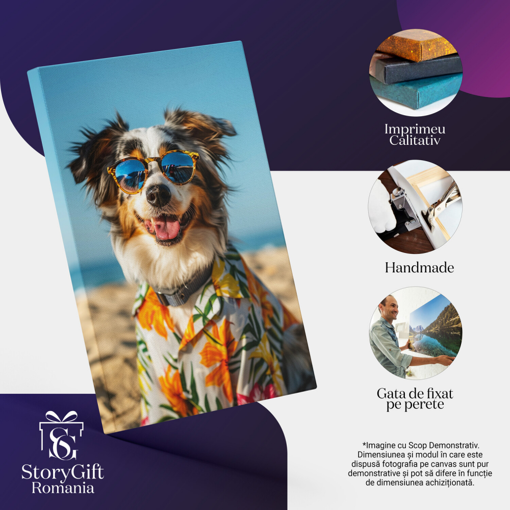 Tablou Canvas Cățel Australian Shepherd în Cămașă de Vacanță pe Plajă - Pictură Digitală, Marime 40x25CM [2]