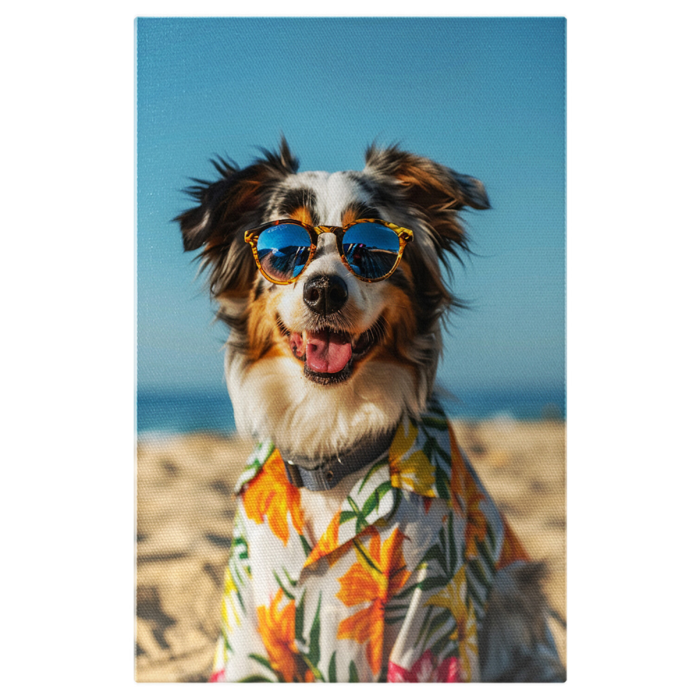 Tablou Canvas Cățel Australian Shepherd în Cămașă de Vacanță pe Plajă - Pictură Digitală, Marime 40x25CM [1]