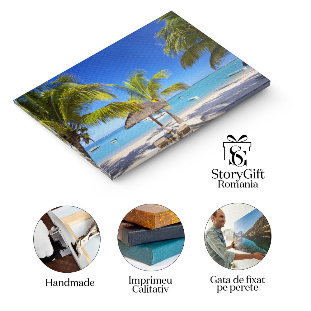 Tablou Canvas: Relaxare pe Plaja Mauritius - Paradis si Liniste Sub Umbrela 40x25CM [2]