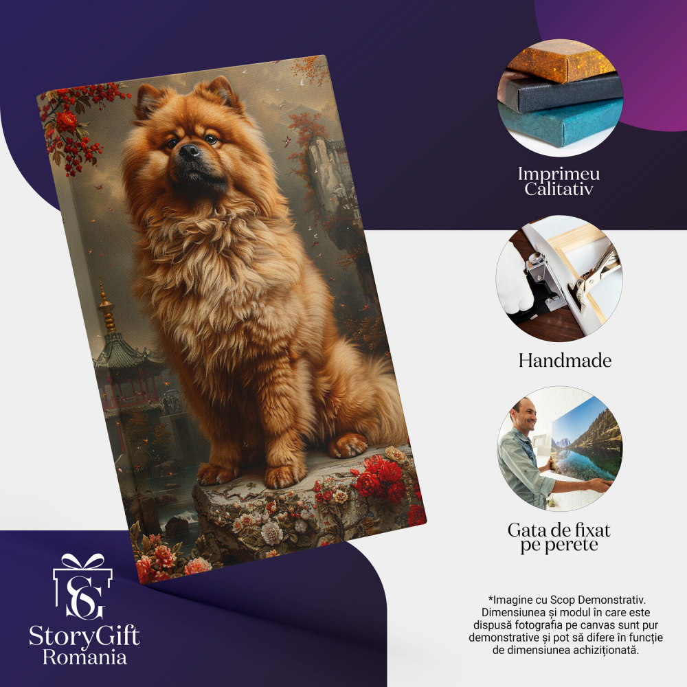 Tablou Canvas - Remy, Cățelușul Pufos în Orașul Chinezesc Între Florile Acoperite de Ceată, Marime 40x25CM [2]