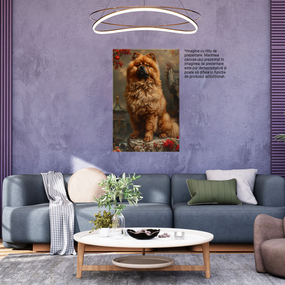 Tablou Canvas - Remy, Cățelușul Pufos în Orașul Chinezesc Între Florile Acoperite de Ceată, Marime 40x25CM [3]