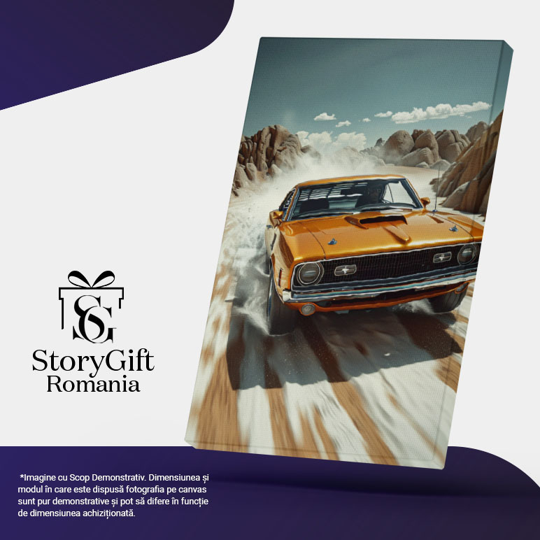 Tablou Canvas  Retro Car, Masina Galben-Mustar Merge pe un Drum de Munte cu Cerul Innorat, Passion for Retro Car , Pictura Digitala 40x25CM [5]