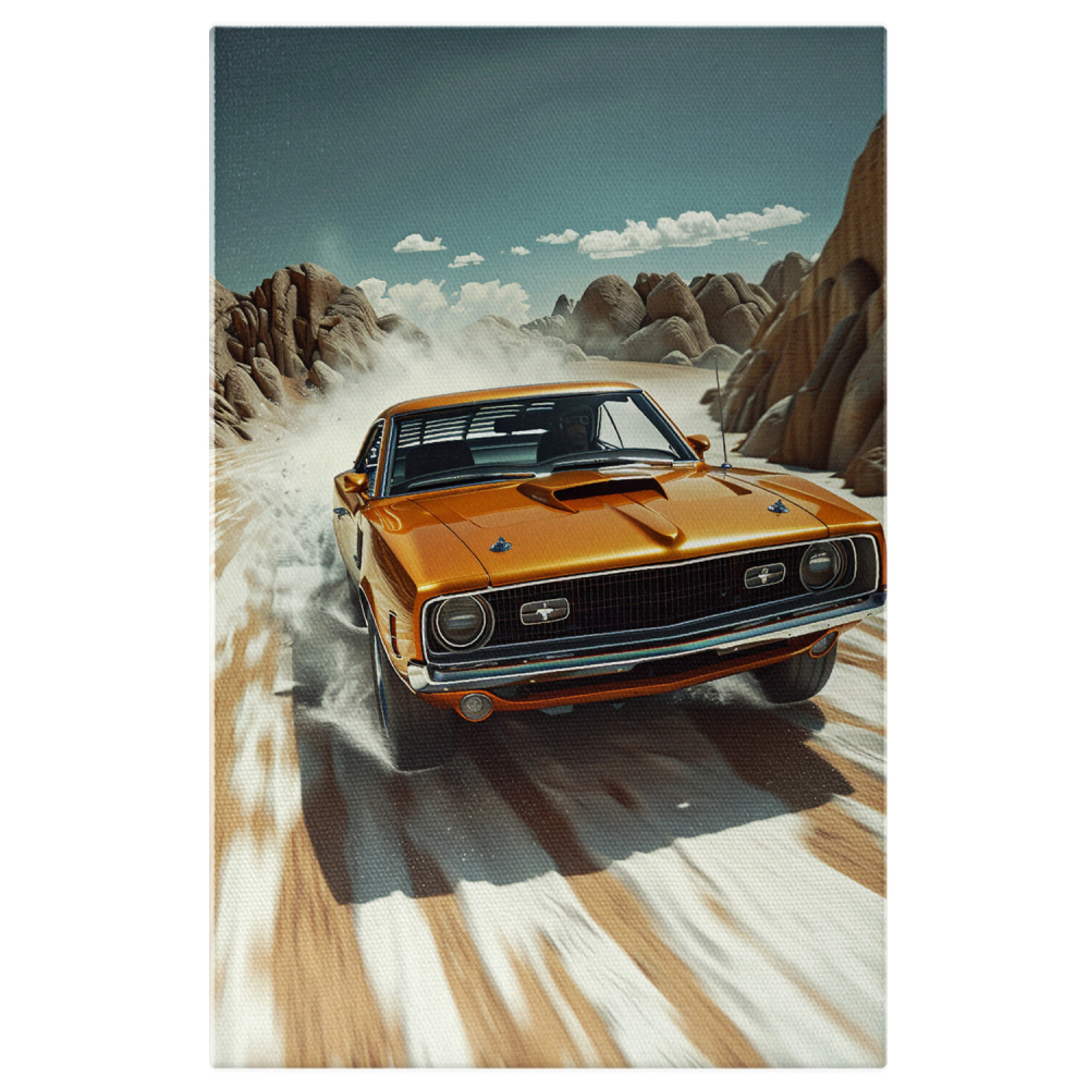 Tablou Canvas Mașină Retro Galben-Mustar pe Drum de Munte, Marime 40x25CM [1]