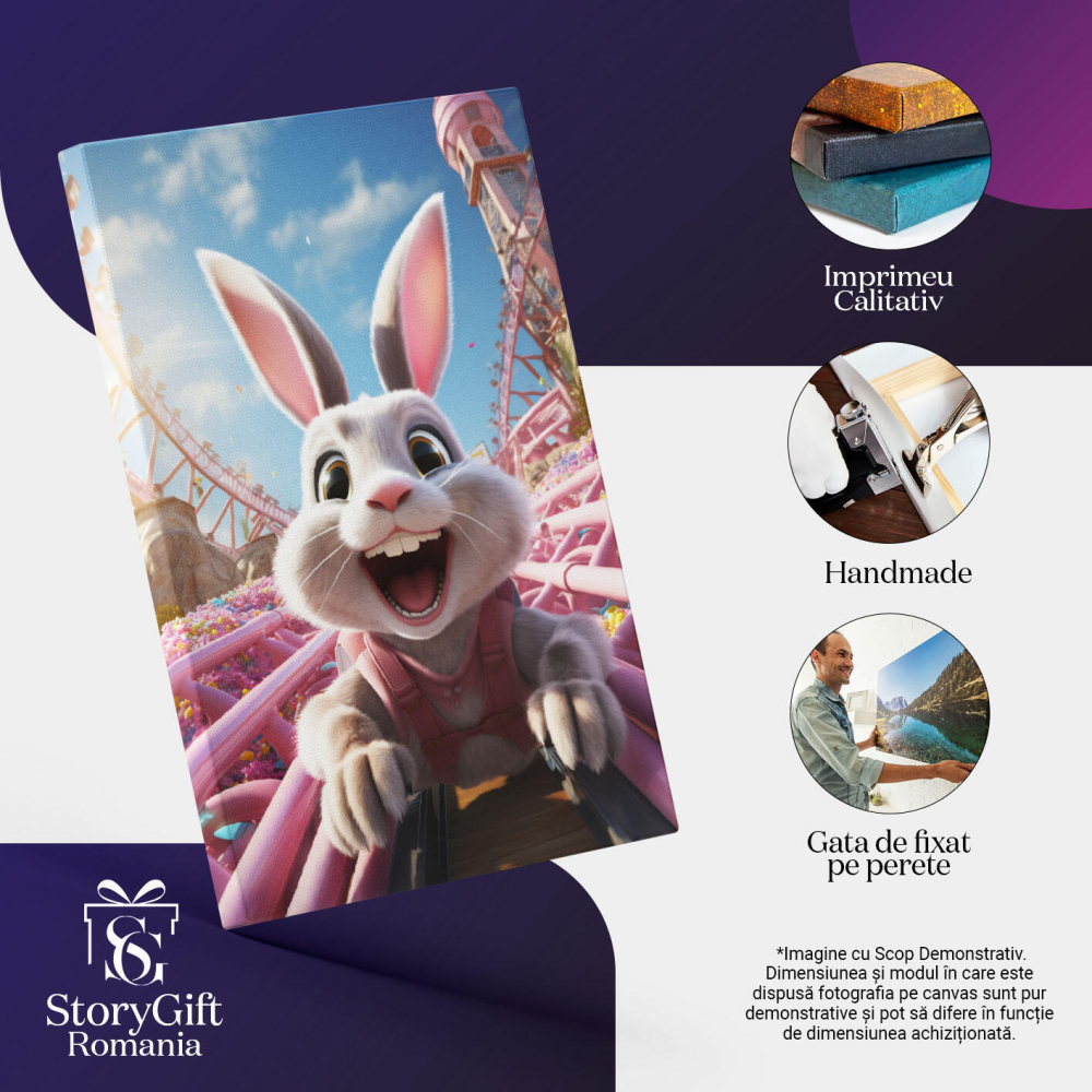 Tablou Canvas:  Roller Coaster Roz cu Flori Imprejur, Iepure Bucuros de Distractie cu Gura Larg Deschisa Pictura Digitala 40x25CM [3]