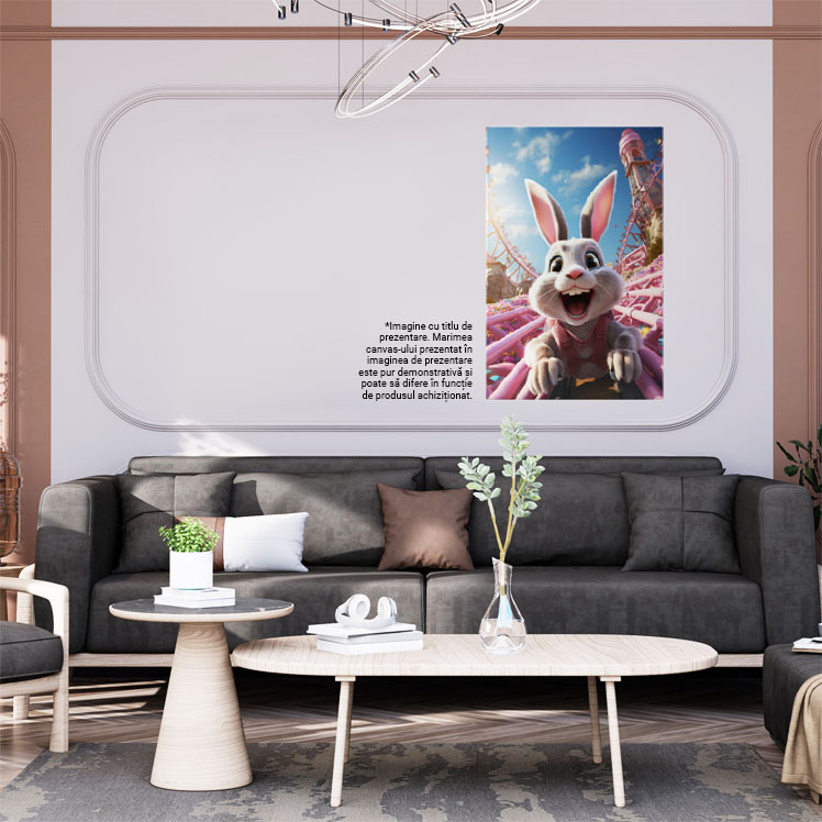 Tablou Canvas:  Roller Coaster Roz cu Flori Imprejur, Iepure Bucuros de Distractie cu Gura Larg Deschisa Pictura Digitala 40x25CM [2]