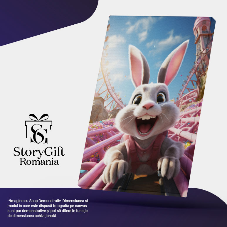Tablou Canvas:  Roller Coaster Roz cu Flori Imprejur, Iepure Bucuros de Distractie cu Gura Larg Deschisa Pictura Digitala 40x25CM [5]