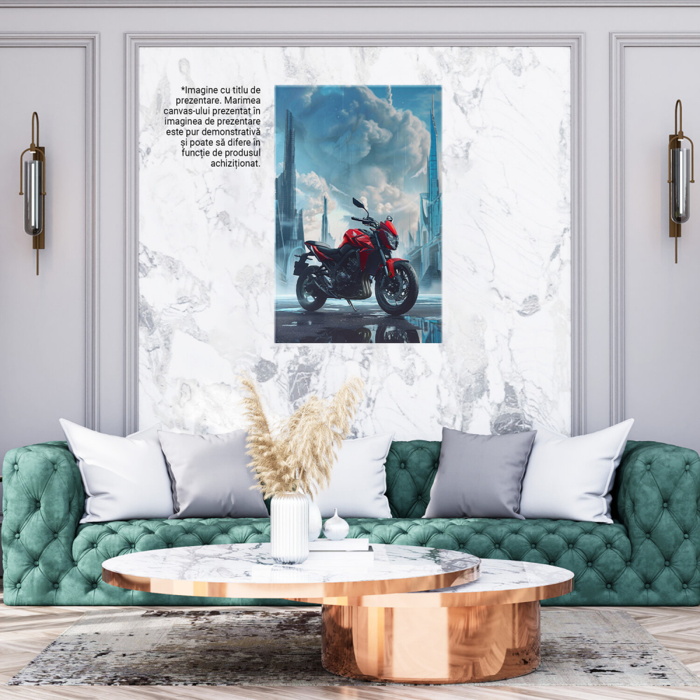 Motocicletă Roșie pe Drum cu Clădiri Înalte - Tablou Canvas, Marime 40x25CM [3]