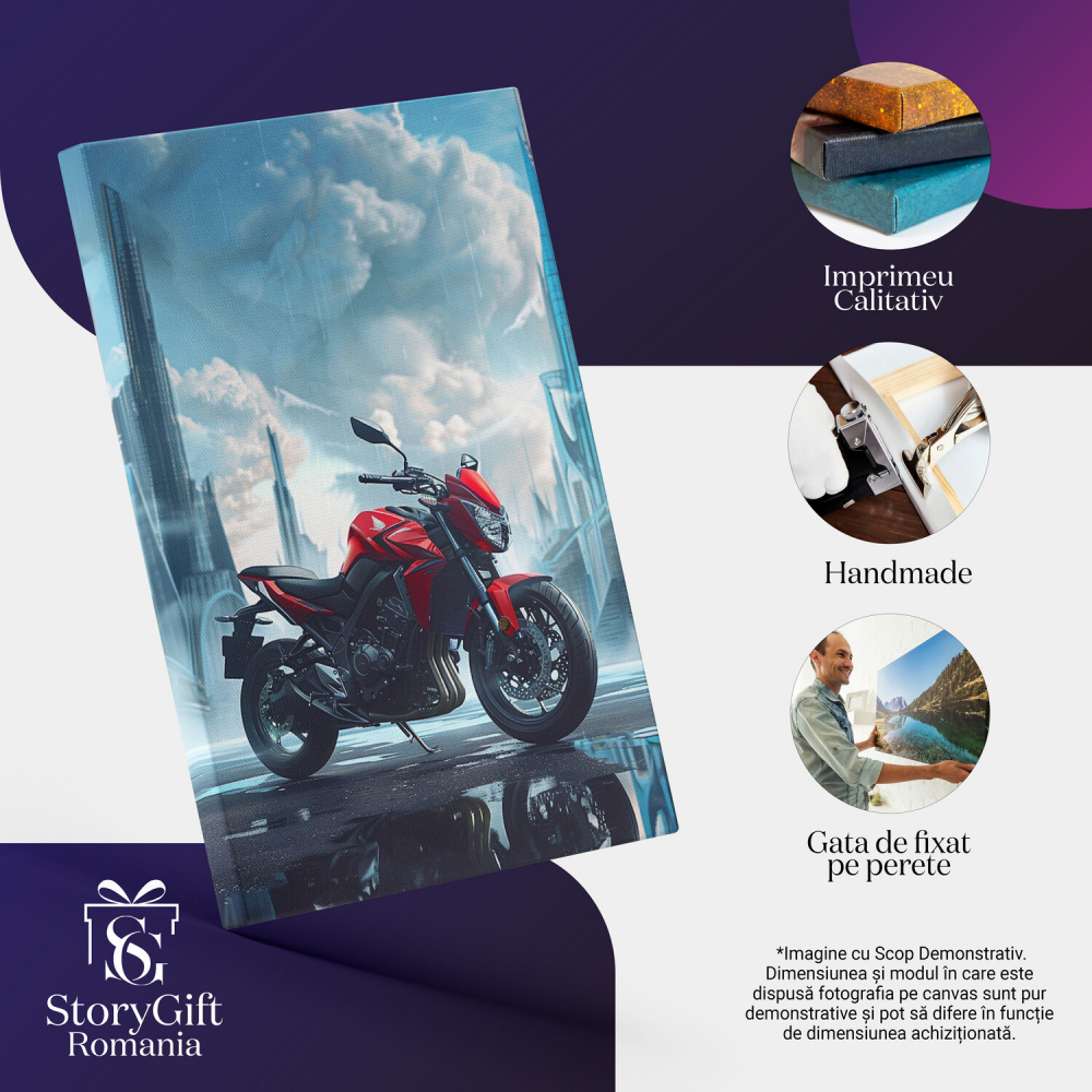 Motocicletă Roșie pe Drum cu Clădiri Înalte - Tablou Canvas, Marime 40x25CM [2]