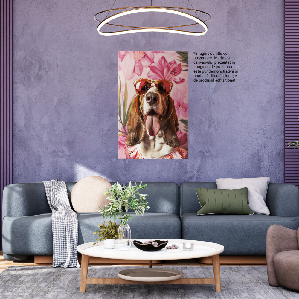 Tablou Canvas Câine Basset Hound Roz cu Ochelari de Soare Glam în Ținută cu Floricele, Marime 40x25CM [3]