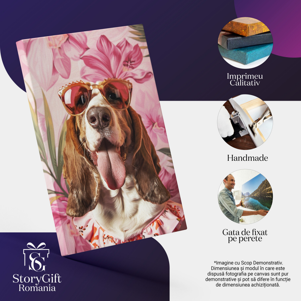 Tablou Canvas Câine Basset Hound Roz cu Ochelari de Soare Glam în Ținută cu Floricele, Marime 40x25CM [2]