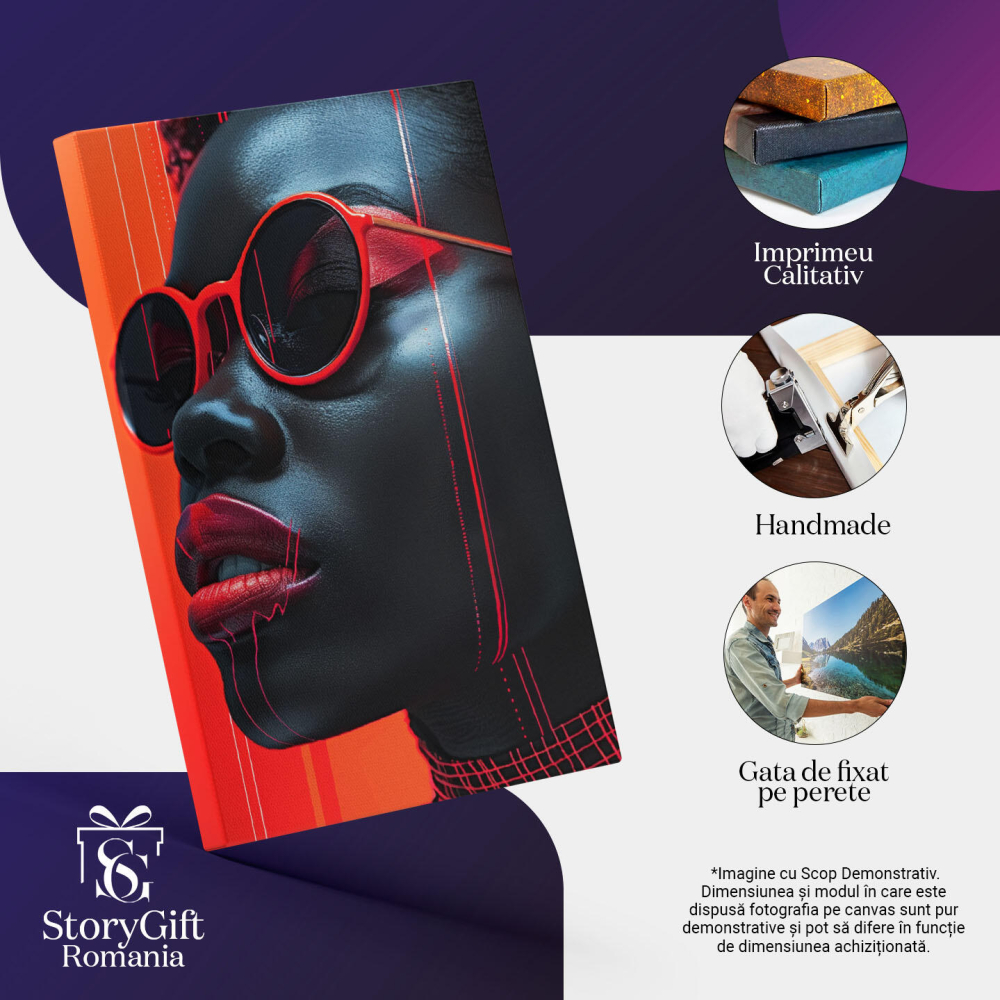 Tablou Canvas Ruj roșu vibrant pe tenul închis al unei femei - Dungi roșu neon pe un chip sclipitor , Pictura Digitala 40x25CM [3]