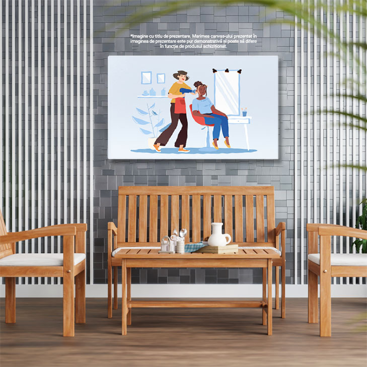 Tablou Canvas Salonul Albastru o Coafeza cu Parul Scurt cu un Feon in Mana si un Sort Rosu si Clienta cu Suvite 40x25CM [3]