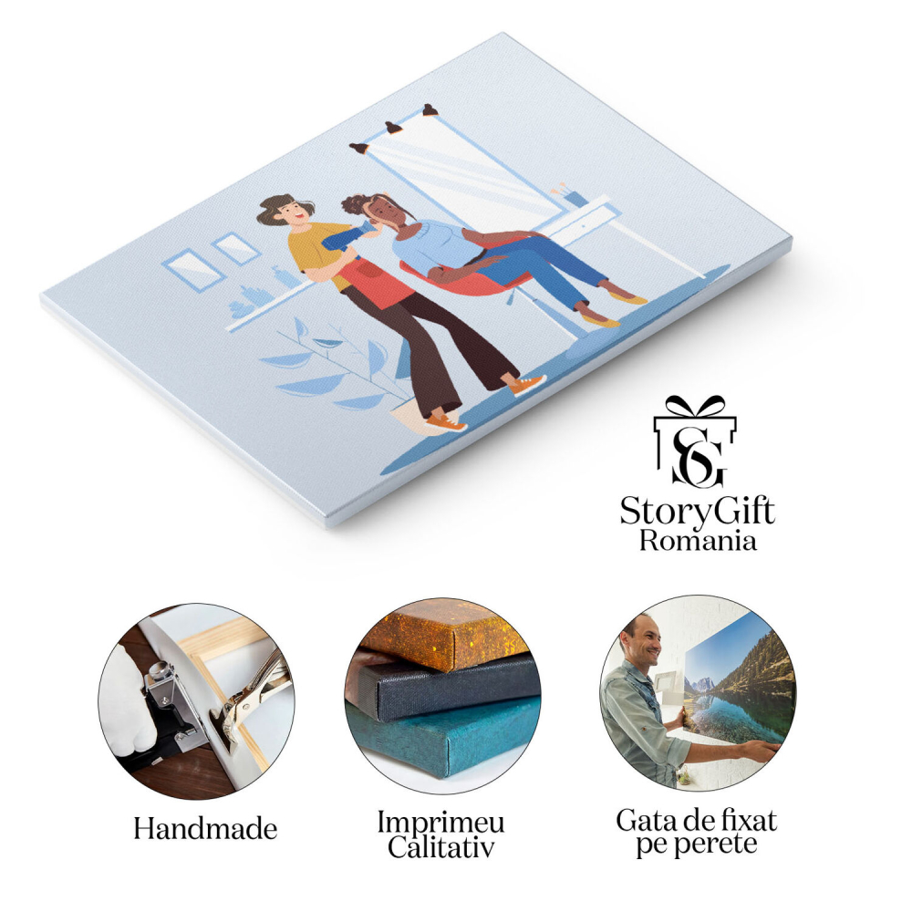 Tablou Canvas Salonul Albastru o Coafeza cu Parul Scurt cu un Feon in Mana si un Sort Rosu si Clienta cu Suvite 40x25CM [2]