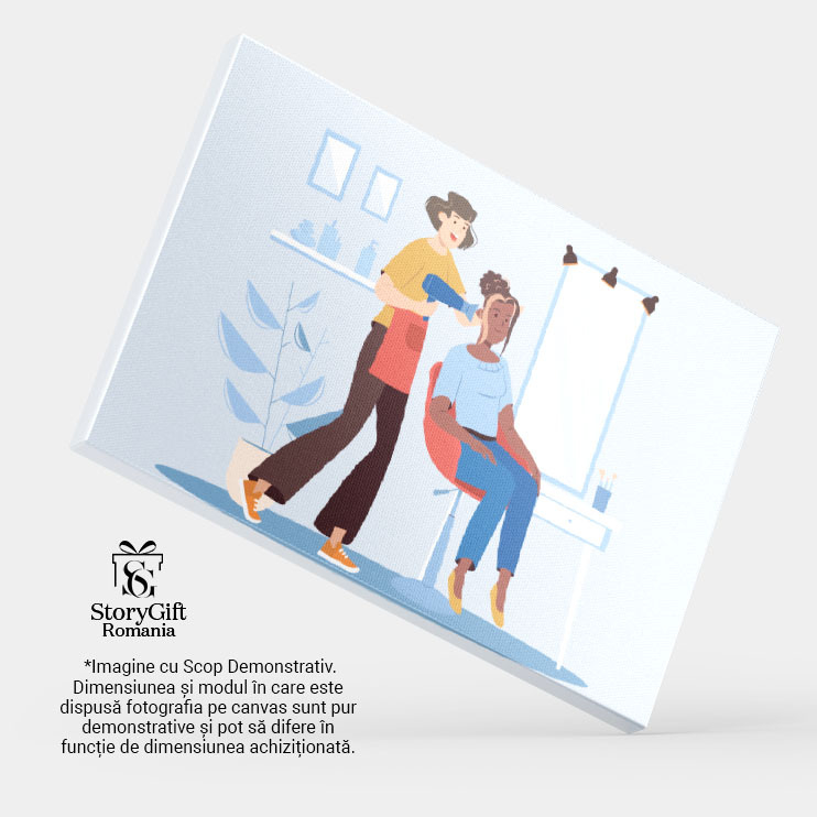 Tablou Canvas Salonul Albastru o Coafeza cu Parul Scurt cu un Feon in Mana si un Sort Rosu si Clienta cu Suvite 40x25CM [4]