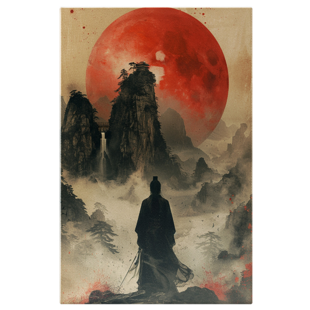 Samurai Japonez în Kimono Negru pe Munte cu Luna Roșie - Pictură Digitală, Marime 40x25CM [1]